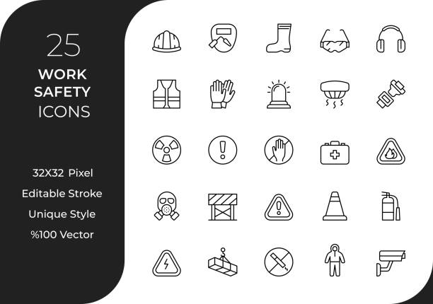 Work Safety Line Icon Set Designed for businesses, organizations, and safety professionals, these icons depict essential safety practices, equipment, and precautions in various work environments. From personal protective equipment (PPE) like hard hats, gloves, and safety goggles to warning signs, emergency exits, and fire extinguishers, these icons cover a range of safety topics. emergency services equipment stock illustrations