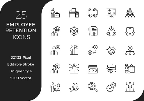 Employee Retention line icon set. Designed to represent key elements of employee retention, this collection showcases a variety of icons that capture the essence of engagement, recognition, and career development. Each meticulously crafted icon symbolizes concepts such as mentorship, training, benefits, and more.