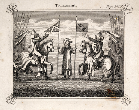 Vintage illustration Medieval tournament two knights saluting each other before combat, coats of arms on banenrs, History of sport