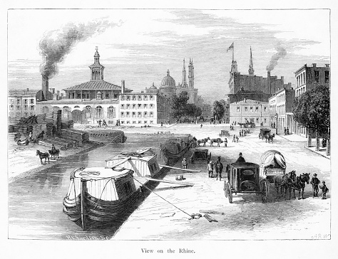 Over-the-Rhine was incorporated into Cincinnati on the Ohio River, Ohio, USA. The Miami and Erie Canals are shown in this area where Germans settled in Ohio. Pencil and pen, engraving published 1874. This edition edited by William Cullen Bryant is in my private collection. Copyright is in public domain.