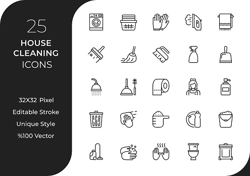 Designed specifically for household cleaning services, this collection features a range of icons that represent various cleaning tasks and tools. From icons depicting sweeping, mopping, dusting, and vacuuming to symbols for cleaning supplies, equipment, and safety measures, these icons offer a comprehensive set of visuals for any house cleaning project.