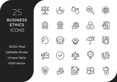 This collection showcases a variety of icons related to ethical business practices. Each meticulously crafted icon represents concepts such as fairness, accountability, diversity, respect, and more. Whether you're working on projects related to corporate social responsibility, compliance, or ethical guidelines, these icons will add a touch of professionalism and promote ethical awareness.