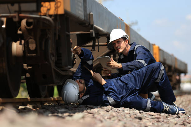 istock Two railway engineers inspect the repair work at the platform. planning job ,Plan maintenance of machinery at the railway station. two worker engineer at the railway station 1496188367