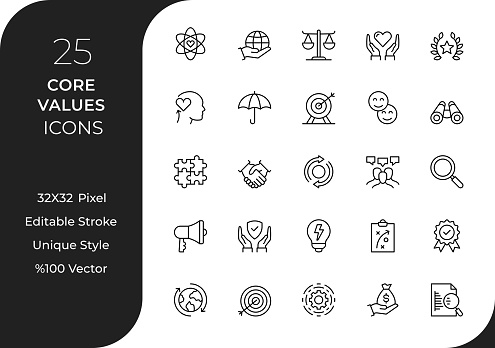 This Core Values icon set has been designed to represent key elements of core values, this collection showcases a variety of icons that capture the essence of integrity, respect, teamwork, and more. Each meticulously crafted icon symbolizes concepts such as transparency, diversity, excellence, and social responsibility. Whether you're working on projects related to corporate culture, employee training, or branding, these icons will add a touch of professionalism and reinforce the importance of core values.