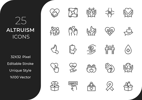 This collection brings attention to various aspects of altruistic endeavors. Each meticulously crafted icon symbolizes concepts like philanthropy, volunteerism, charity, empathy, and more. Whether you're working on projects related to humanitarian causes, community engagement, or social responsibility, these icons will add a touch of warmth and positivity.