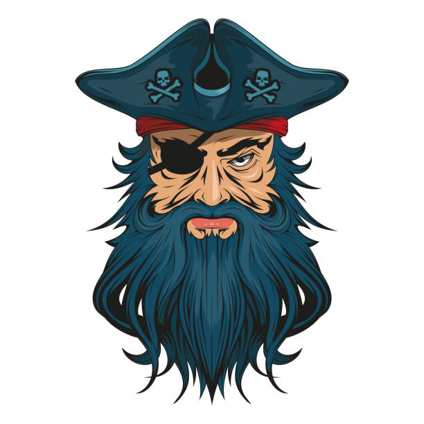 пират. векторная иллюстрация разгневанного капитана в шляпе и повязке на глазу - pirate eye patch black skull and bones stock illustrations