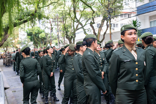 Salvador, Bahia, Brazil - September 07, 2022: Female army soldiers stand waiting for the beginning of the Brazilian Independence Day parade in Salvador, Bahia.