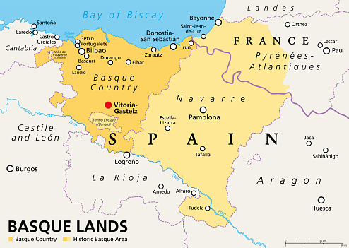 Basque Lands, political map. Basque Country, an autonomous community in Spain, with capital Vitoria-Gasteiz, in orange color. The historic Basque area in Spain and France, in orange and yellow colors.