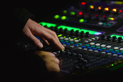 Music instriument, DJ mixer controller in a dark studio, nobody, 3d rendering