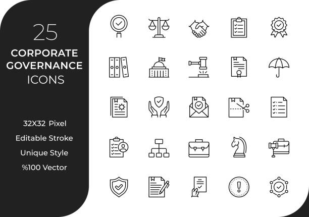 Corporate Governance Line Icon Set This collection showcases a variety of icons that capture the essence of responsible decision-making, transparency, and accountability. Each meticulously crafted icon symbolizes concepts such as board of directors, compliance, risk management, ethics, and more. indifference stock illustrations