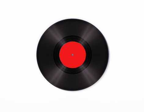 Vinyl record over white background. Horizontal composition with copy space. Vintage music concept.