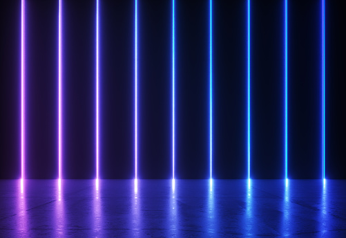 3d render. Abstract neon background. Wallpaper with red blue laser rays glowing in the dark. Bright projector shining on the dark empty stage
