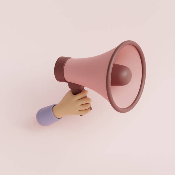 istock Cartoon hand in holding megaphone loudspeaker. 3d render illustration. 1496195085