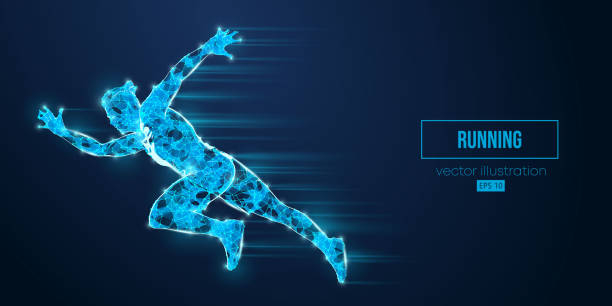 istock Abstract wireframe silhouette of a running athlete from triangles and particles on blue background. Runner man are running sprint or marathon. Vector illustration 1496195754