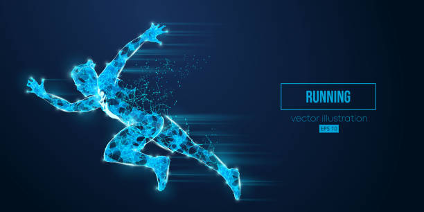 istock Abstract wireframe silhouette of a running athlete from triangles and particles on blue background. Runner man are running sprint or marathon. Vector illustration 1496195755