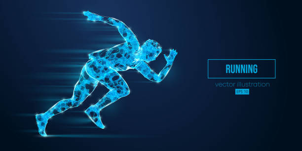 istock Abstract wireframe silhouette of a running athlete from triangles and particles on blue background. Runner man are running sprint or marathon. Vector illustration 1496195757