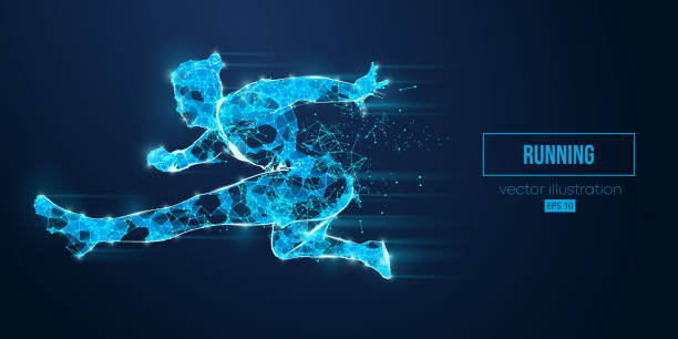 istock Abstract wireframe silhouette of a running athlete from triangles and particles on blue background. Runner man are running sprint or marathon. Vector illustration 1496195766