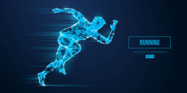 istock Abstract wireframe silhouette of a running athlete from triangles and particles on blue background. Runner man are running sprint or marathon. Vector illustration 1496195767