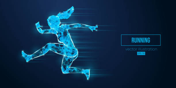 istock Abstract wireframe silhouette of a running athlete from triangles and particles on blue background. Runner woman are running sprint or marathon. Vector illustration 1496195777