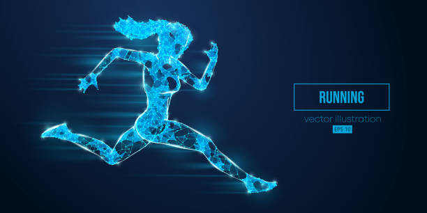 istock Abstract wireframe silhouette of a running athlete from triangles and particles on blue background. Runner woman are running sprint or marathon. Vector illustration 1496195778