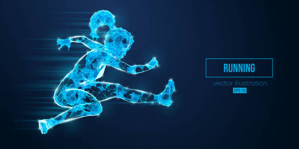 istock Abstract wireframe silhouette of a running athlete from triangles and particles on blue background. Runner woman are running sprint or marathon. Vector illustration 1496195785