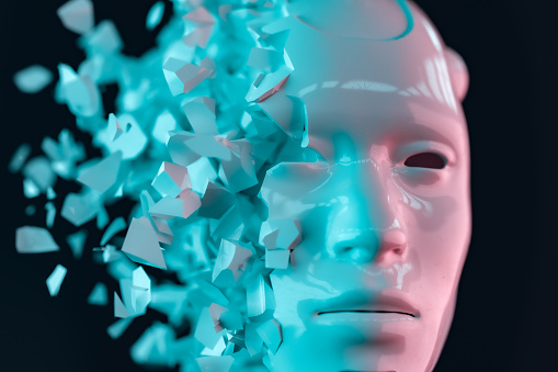 Exploding cyborg Ai face. 3D generated image.