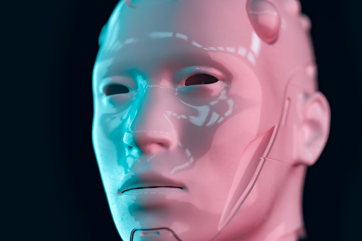 Cyborg Ai face. 3D generated image.