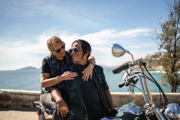 Mature couple on a motorcycle road trip