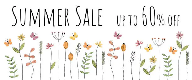Vector illustration of Summer Sale up to 60% off. Sales banner with lovingly drawn flowers and butterflies.