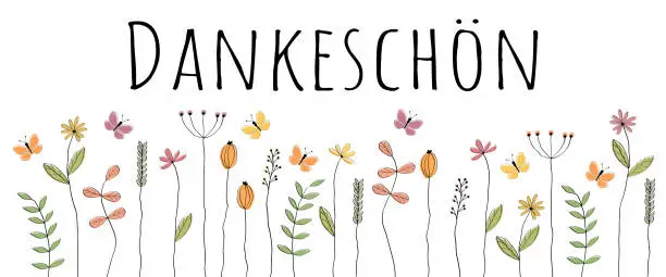 Vector illustration of Dankeschön - text in German language - Thank you. Thank you banner with lovingly drawn flowers and butterflies.