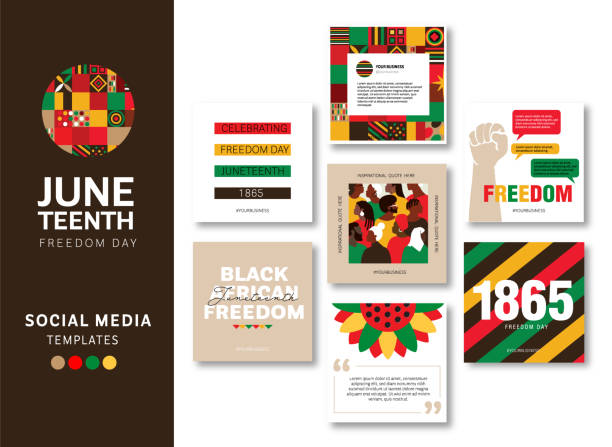 Juneteenth Freedom Day Celebration set of square social media templates for stories Vector illustration of Juneteenth Celebration social media square template set for stories. Fully editable vector eps. Use for social media posts, posters, web banners, leaflets, cards, t-shirt designs and backgrounds. African-American black history. Freedom or Liberation day. Royalty free stock image. juneteenth stock illustrations