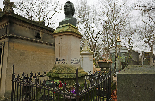 Tombstone for famous French novelist Honore de Balzac in Pere Lachaise Cemetery in Paris, France