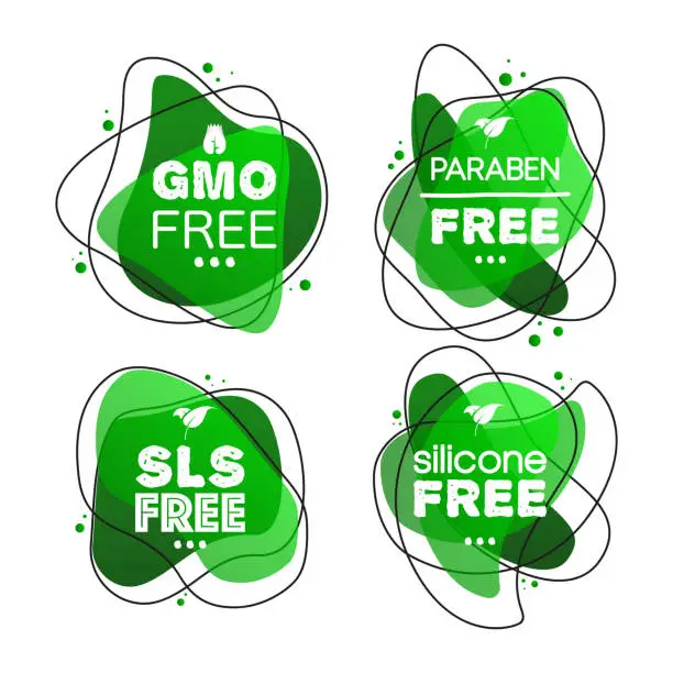 Vector illustration of Sulfate free, paraben free, gmo and silicone free. GMO sls free preservative chemical organic label. Natural product concept. Vector Illustration.