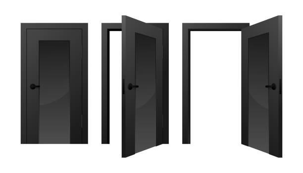istock Open and closed black realistic door. Entrance realistic doorway isolated on white background. Facade of the house, estate, elegant castle and security of the premises. Vector illustration. 1496205465