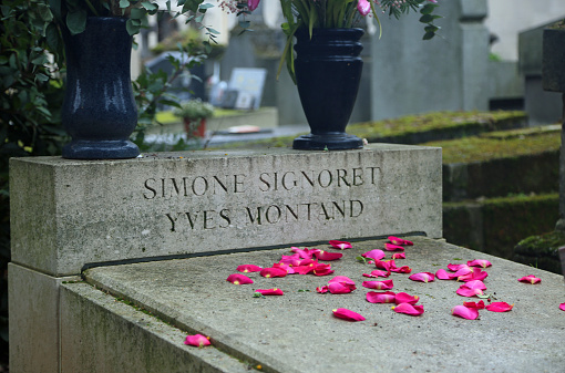 The grave for the pair of two famous French actor simone Signoret and Yves Montand in Pere Lachaise in Paris, France