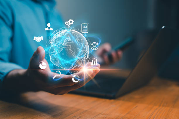 istock Businessman holding globe with business icon. Business global internet connection application technology and digital marketing, Financial and banking, Digital link tech, big data, business target. 1496209421