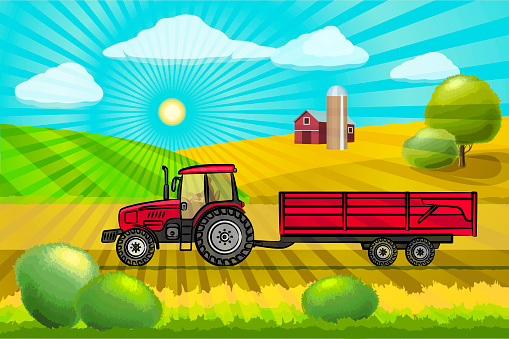 The tractor drives across the field against the backdrop of a hill. Rural landscape with granary. The rays of the sun pierce the landscape. Vector illustration.