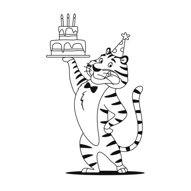 Vector illustration of Happy cute tiger in Birthday hat with cake. Coloring book page. Cartoon wild animal character sketch for kids preschool activity. Black and white outline. Worksheet design vector illustration.