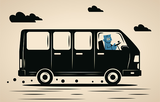 Blue Cartoon Characters Design Vector Art Illustration.
A smiling blue man driving a van, shuttle bus, school bus, or motor home.