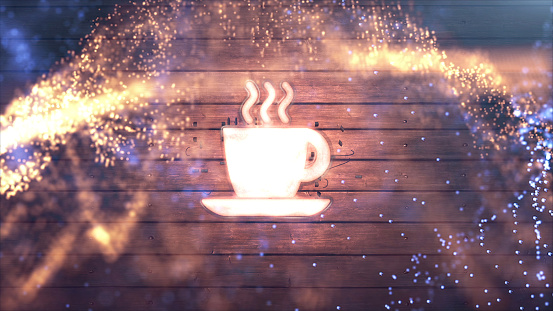 Flickering blinking neon light espresso coffee image symbol sign on background, open espresso coffee bar