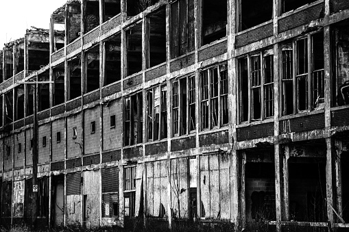 Scary place. Abandoned buiding. Gothic background. Post apocalyptic landscape. Industrial background. Horror. Destruction. Old abandoned factory.