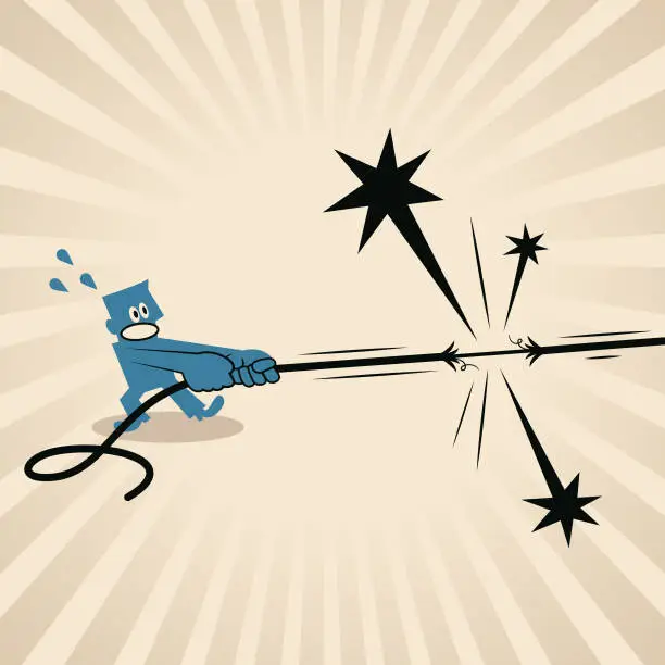 Vector illustration of A blue man pulling a rope that is about to break is at the end of his tether