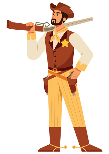 Flat design illustration of cowboy holding rifle and isolated on white background.