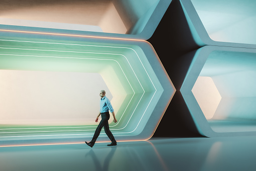 Man walking down the futuristic city street. 3D generated image.