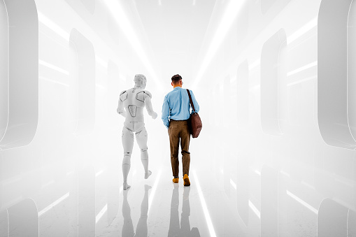 Young businessman with Ai avatar walking in futuristic corridor. 3D generated image.