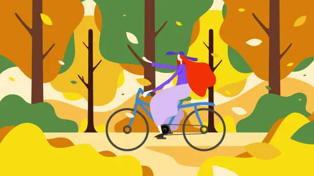 Vector illustration of Woman riding bicycle in forest