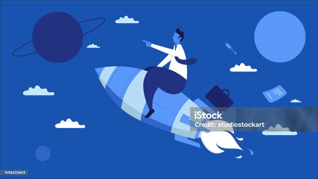 Man On Rocketship Businessman Flying On A Rocket Stock Illustration - Download Image Now ...