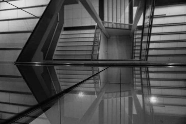 High angle view of staircase in black and white