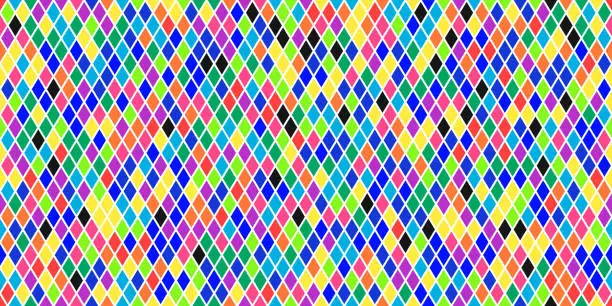 Vector illustration of Harlequin carnival bright multicolor seamless pattern on white. Argyle classic fabric design