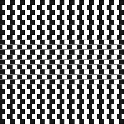 Shifted horizontal parallel lines with black and white squares. Optical illusion with distorted perception. Checkered pattern. Mosaic texture with visual deception motif. Vector graphic illustation